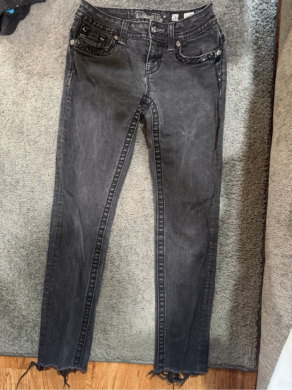 Miss Me Gray/Black Skinny Jeans with Studded Pockets